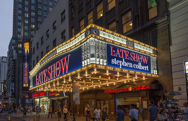 The new Marquee on Broadway for THE LATE SHOW with STEPHEN COLBERT is lit for the first time, Monday August 24, 2015. THE LATE SHOW with STEPHEN COLBERT premieres on Tuesday, Sept. 8, 2015 on the CBS Television Network. Photo: John Paul Filo/CBS ÃÂ©2015CBS Broadcasting Inc. All Rights Reserved